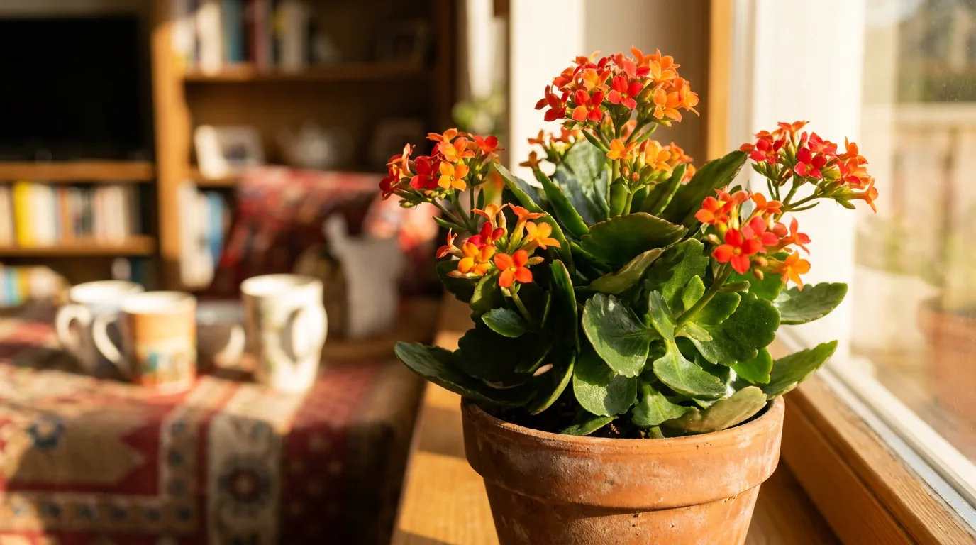Kalanchoe blossfeldiana w ceramicznej doniczce na slonecznym parapecie
