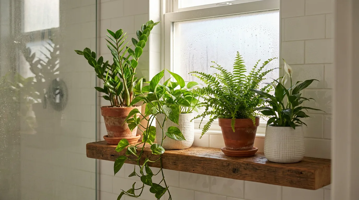 Zamioculcas, paproć nefrolepsis i skrzydłokwiat na półce w łazience z białymi kafelkami