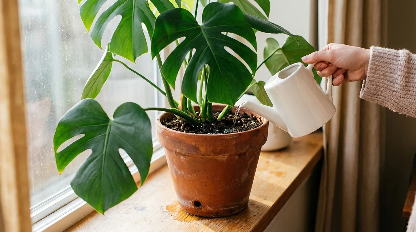 Monstera deliciosa w doniczce na parapecie, podlewana z konewki