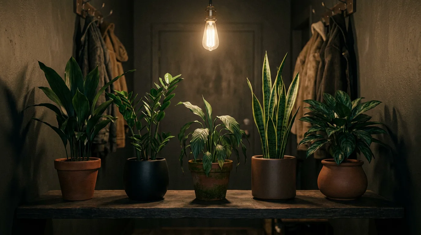 Aspidistra, zamiokulkas i aglaonema ustawione w ciemnym przedpokoju bez okna
